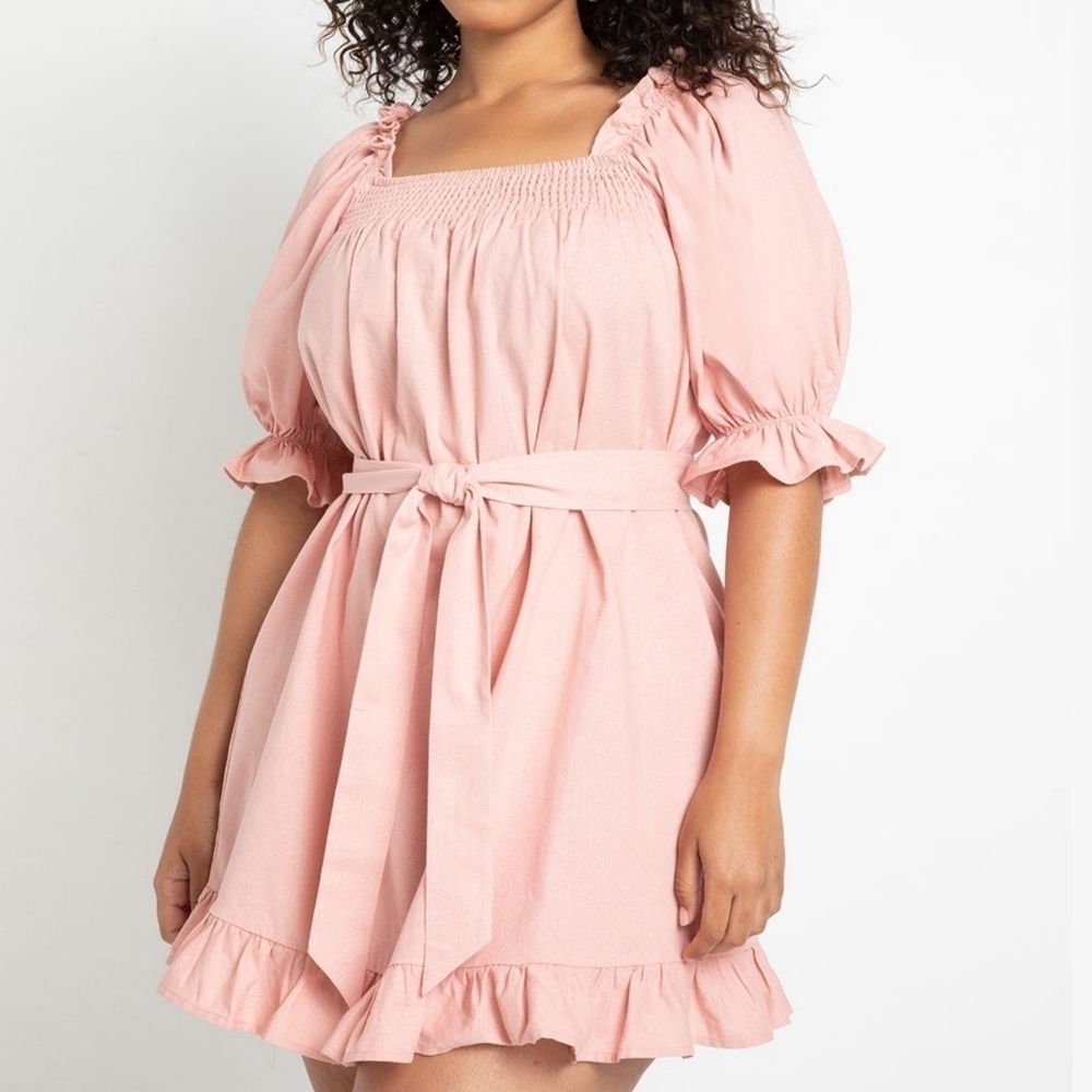 Eloquii Pink Square Neck Ruffled Smocked Front Linen Mini Day Dress